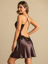 [Dark Brown] SilkSilky-UK Spaghetti Strap V Neck Nightdress 002