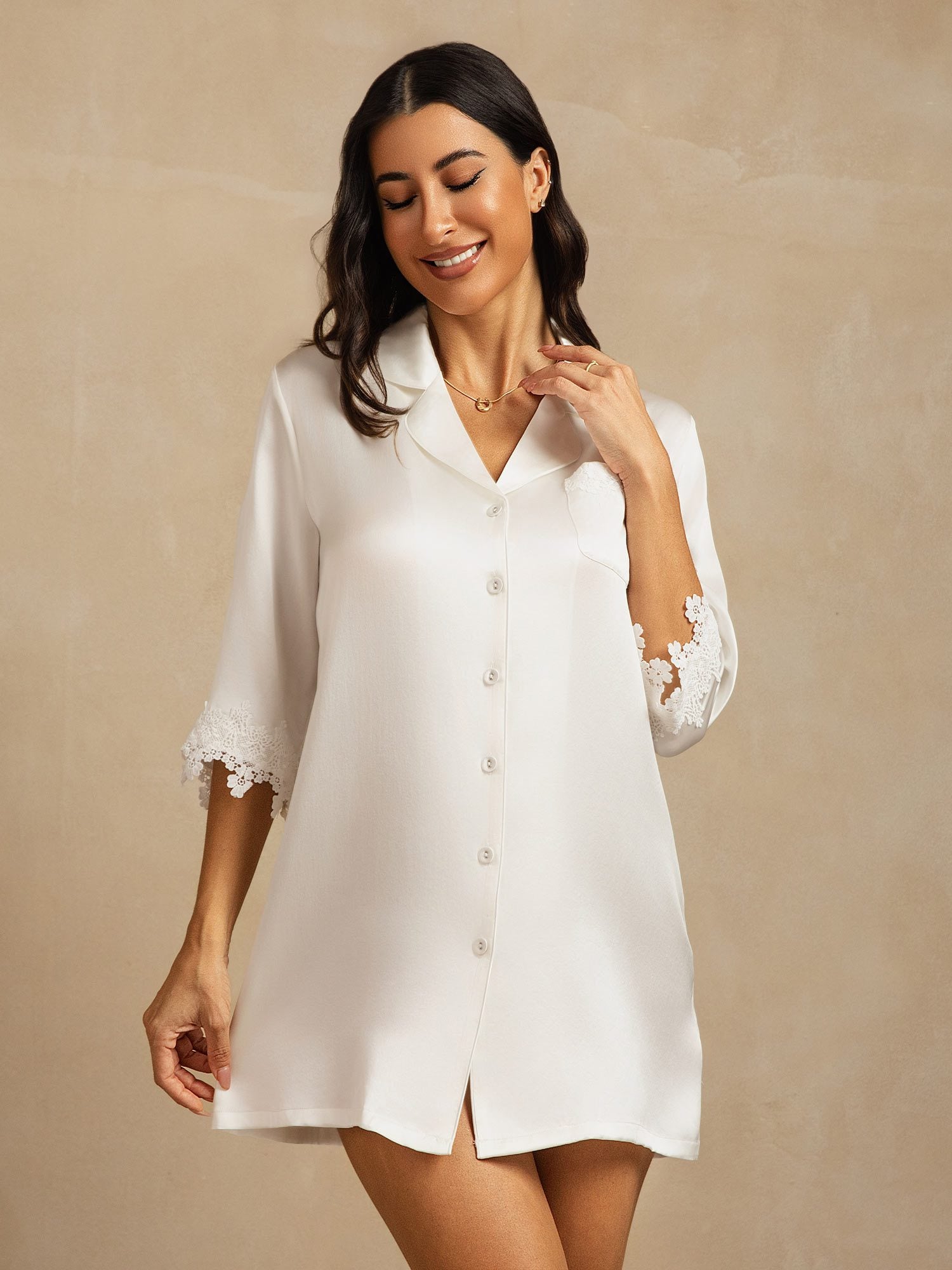 [White] SilkSilky-UK Pure Silk Collar Nightshirt 005