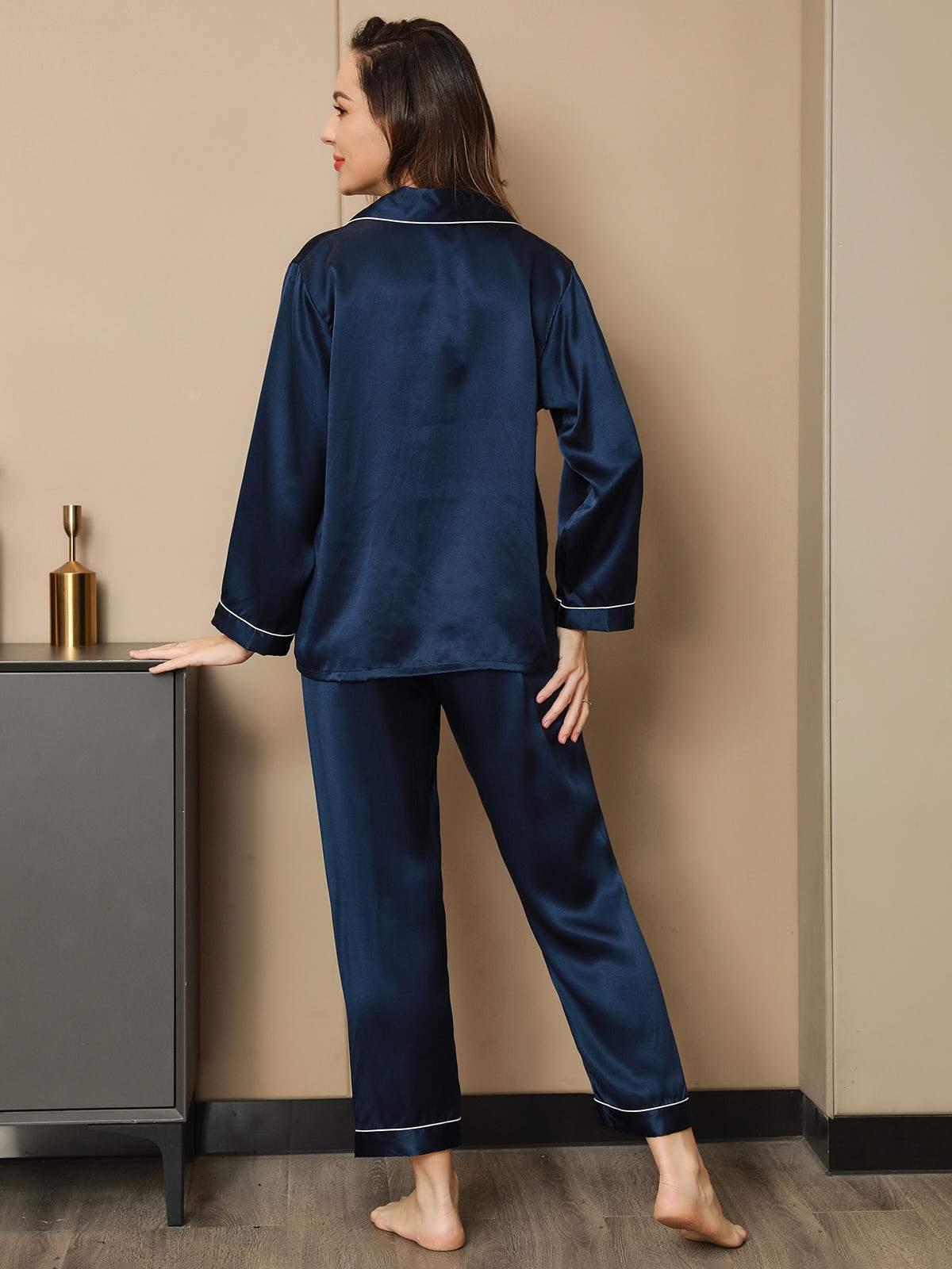 SilkSilky UK Pure Silk Long Sleeve Lapel Women's Pyjamas DarkBlue 002