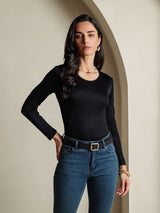[Black] SilkSilky-UK Silk Jersey Long Sleeve Round Neck Women's T-Shirt 001
