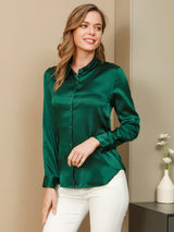 [Dark Green] SilkSilky-UK Long Sleeve Lapel Collar Women's Shirt 003