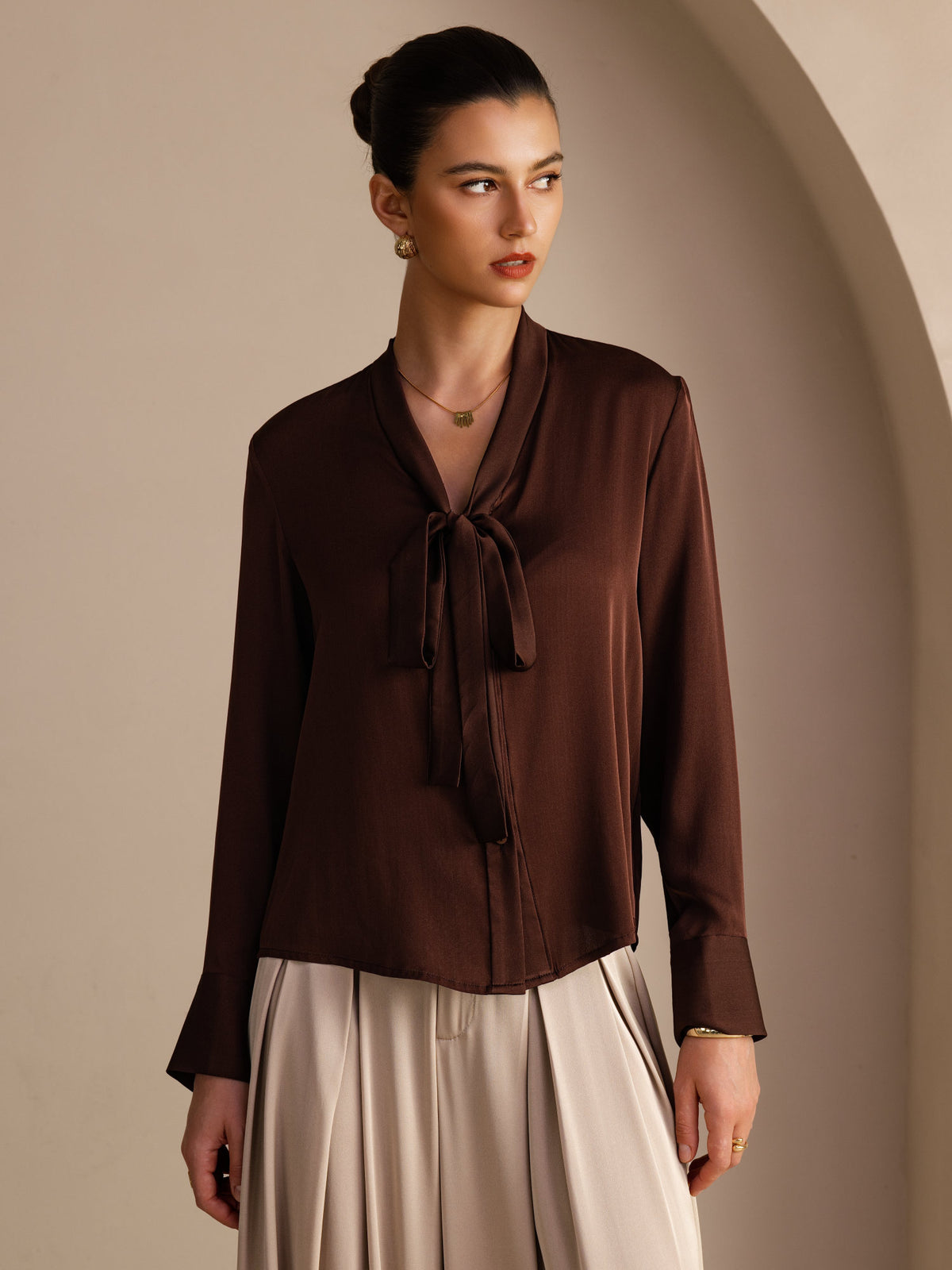 [Bitter Chocolate] SilkSilky-UK Long Sleeve Tie Neck Women's Blouse 001