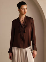 [Bitter Chocolate] SilkSilky-UK Long Sleeve Tie Neck Women's Blouse 001