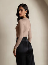 [Coffee] SilkSilky-UK Silk Jersey Long Sleeve Round Neck Women's T-Shirt 002