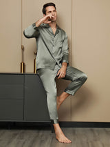 [Grayish Green] SilkSilky-UK Pure Silk Long Sleeve Lapel Men's Pyjamas 004
