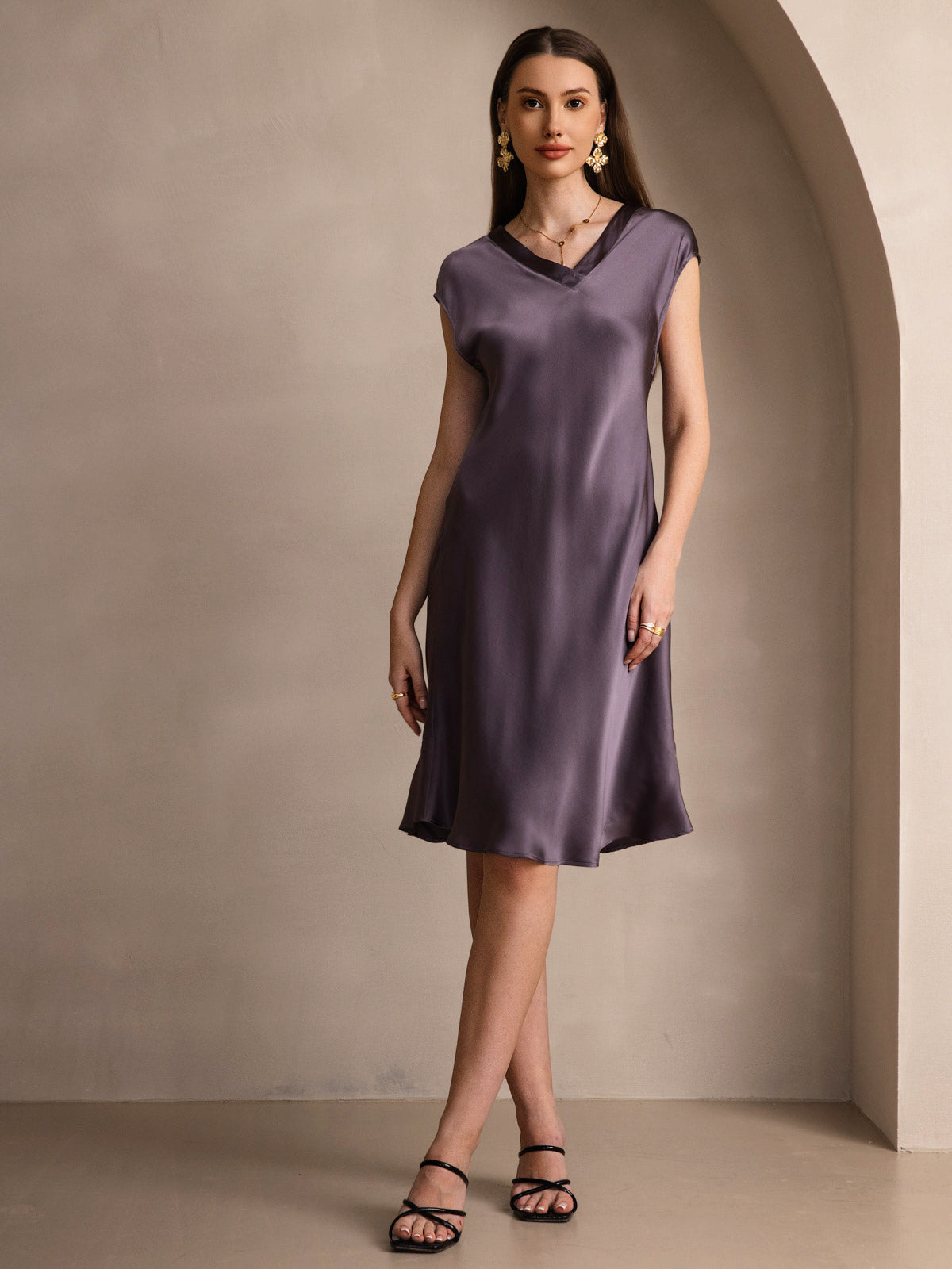 SilkSilky-UK Pure Silk Sleeveless V Neck Dress PurpleGray 003