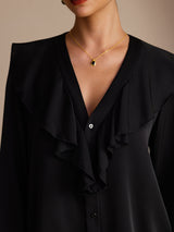 [Black] SilkSilky-UK Long Sleeve Deep V Neck Women's Blouse 005