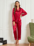 SilkSilky UK Pure Silk Long Sleeve Lapel Women's Pyjamas DarkRed 001