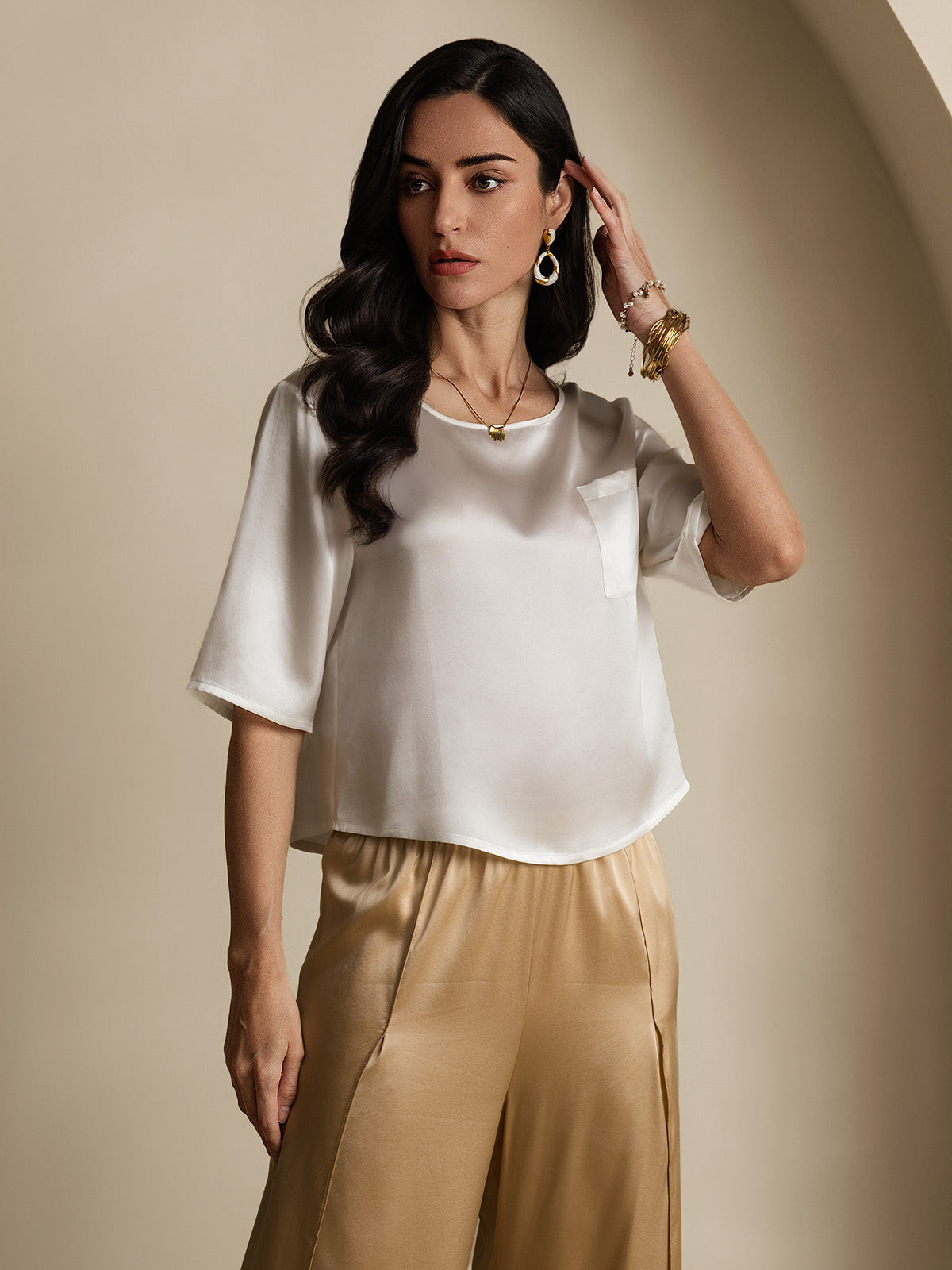 SilkSilky-UK Pure Silk Half Sleeve Boat Neck Women's T-Shirt White 004