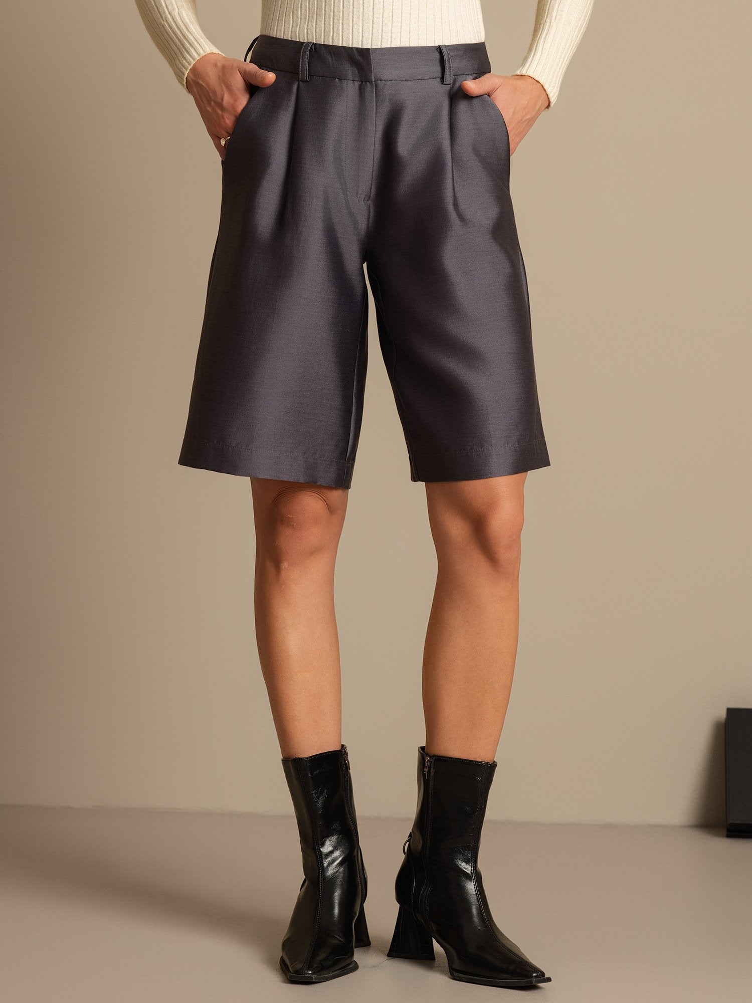 [Gray] SilkSilky-UK 32Momme Silk-Wool Blend Womens Shorts 001,