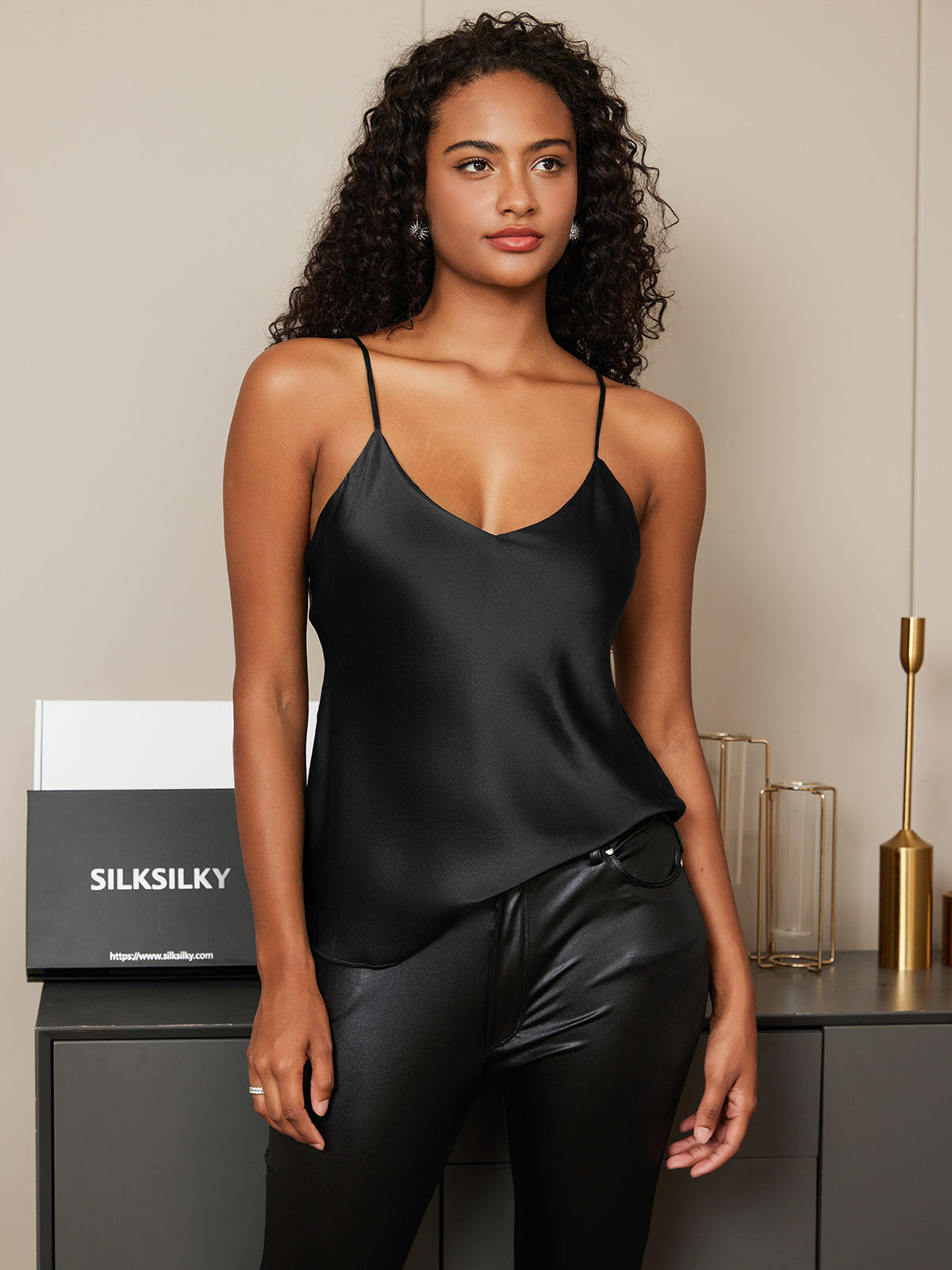 [Black] SilkSilky-UK Pure Silk Sleeveless V Neck Camisole 005