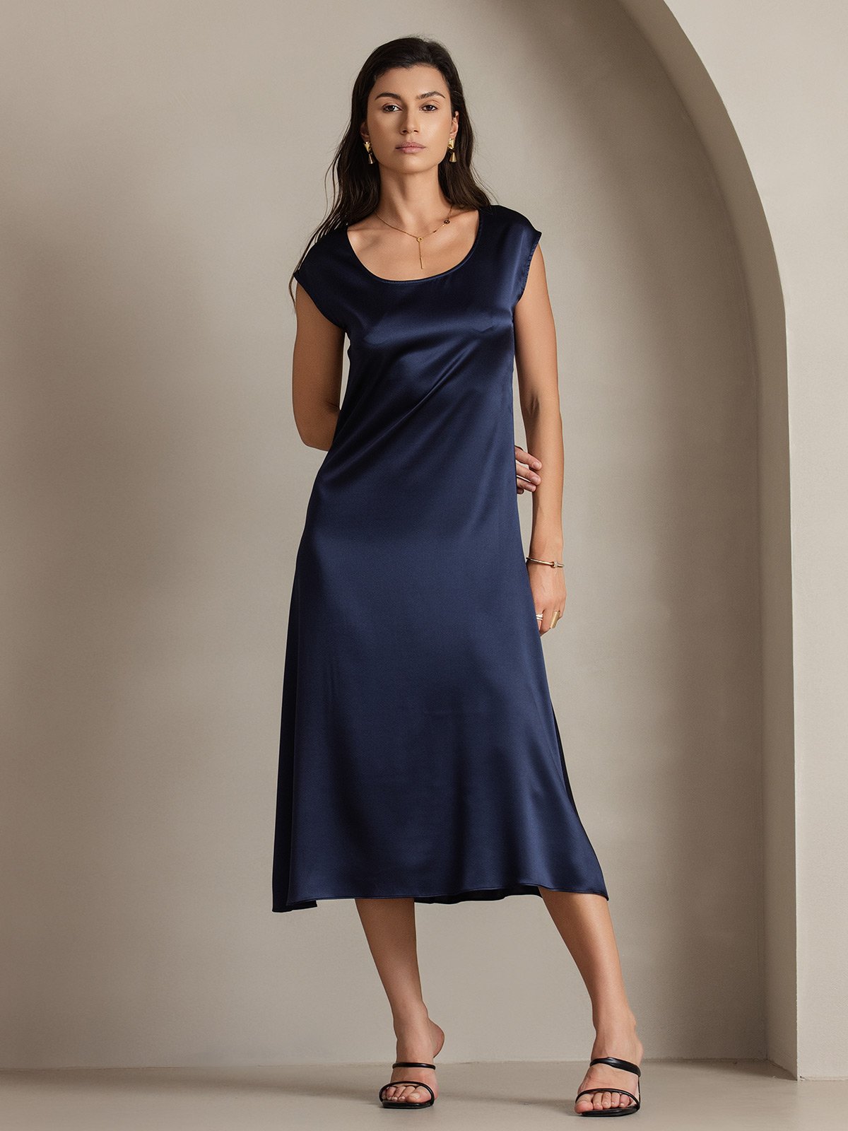 [Dark Blue] SilkSilky-UK 19Momme Silk Cap Sleeve Round Neck Dress 001