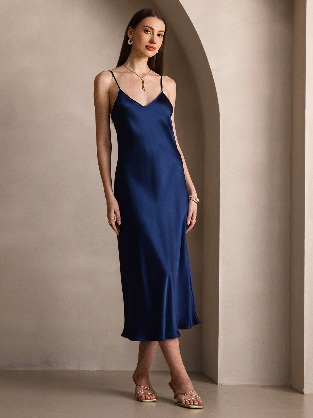[Dark Blue] SilkSilky-UK Pure Silk Round Neck Dress 004