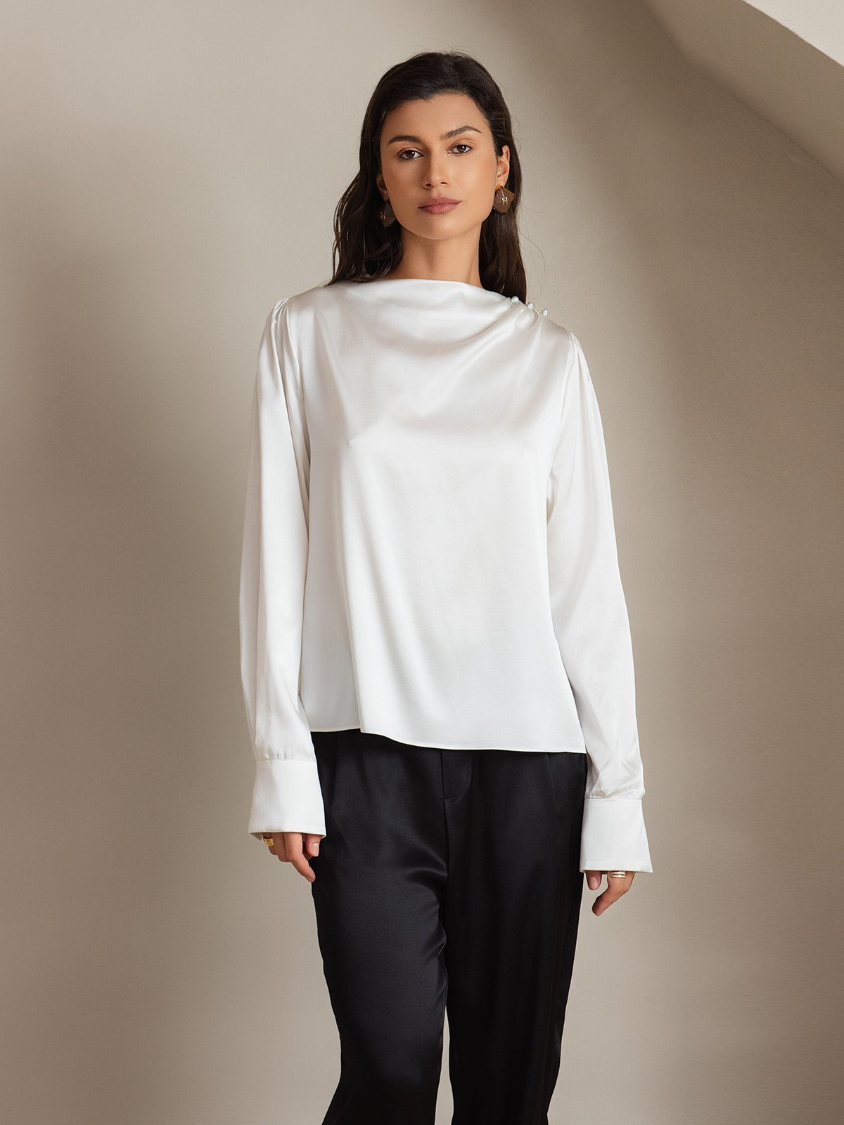 [White] SilkSilky-UK 19Momme Silk Boat Neck Women's Shirt 006