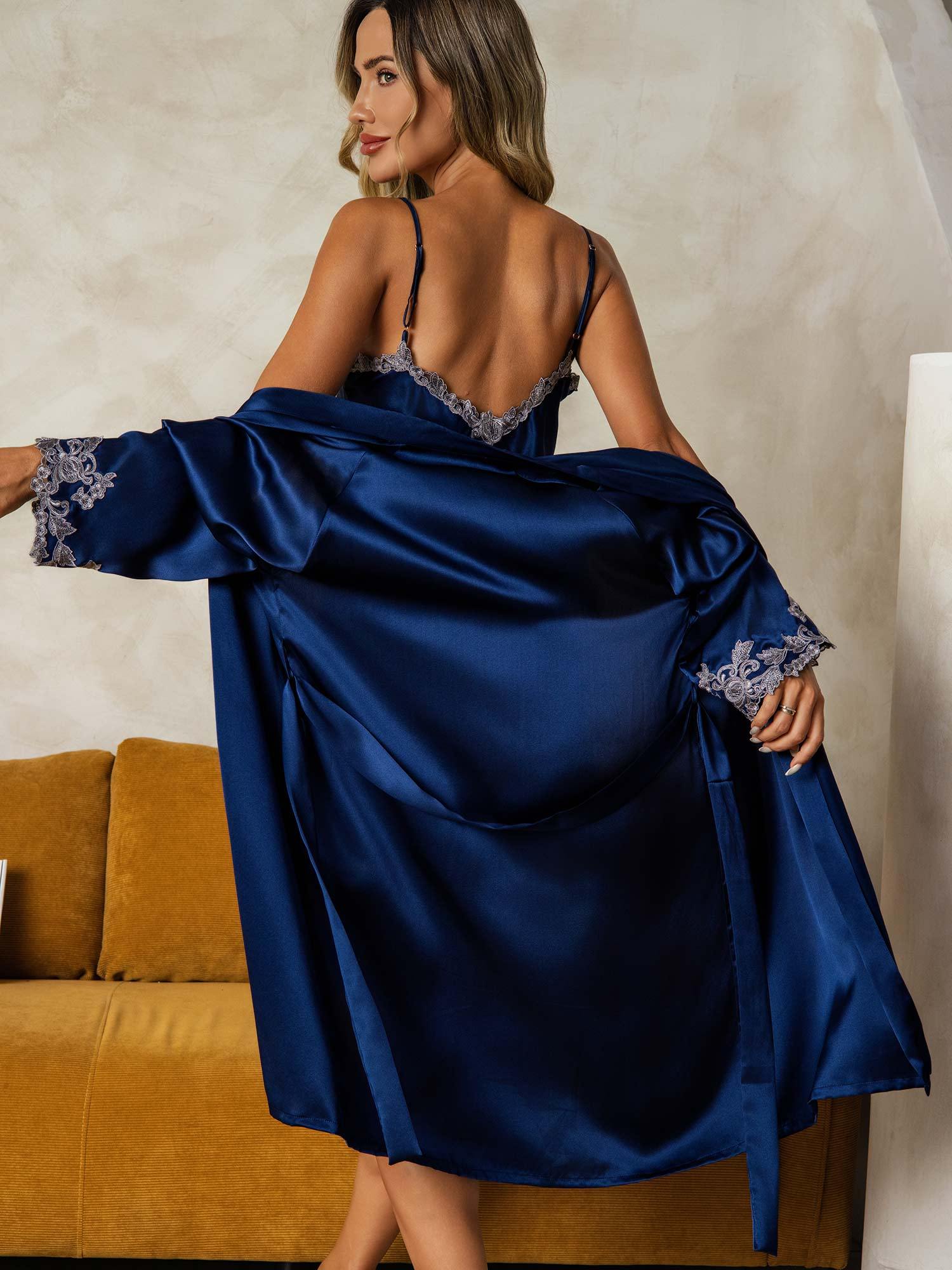 SilkSilky-UK Pure Silk V Neck Nightdress&Dressing gowns DarkBlue 002