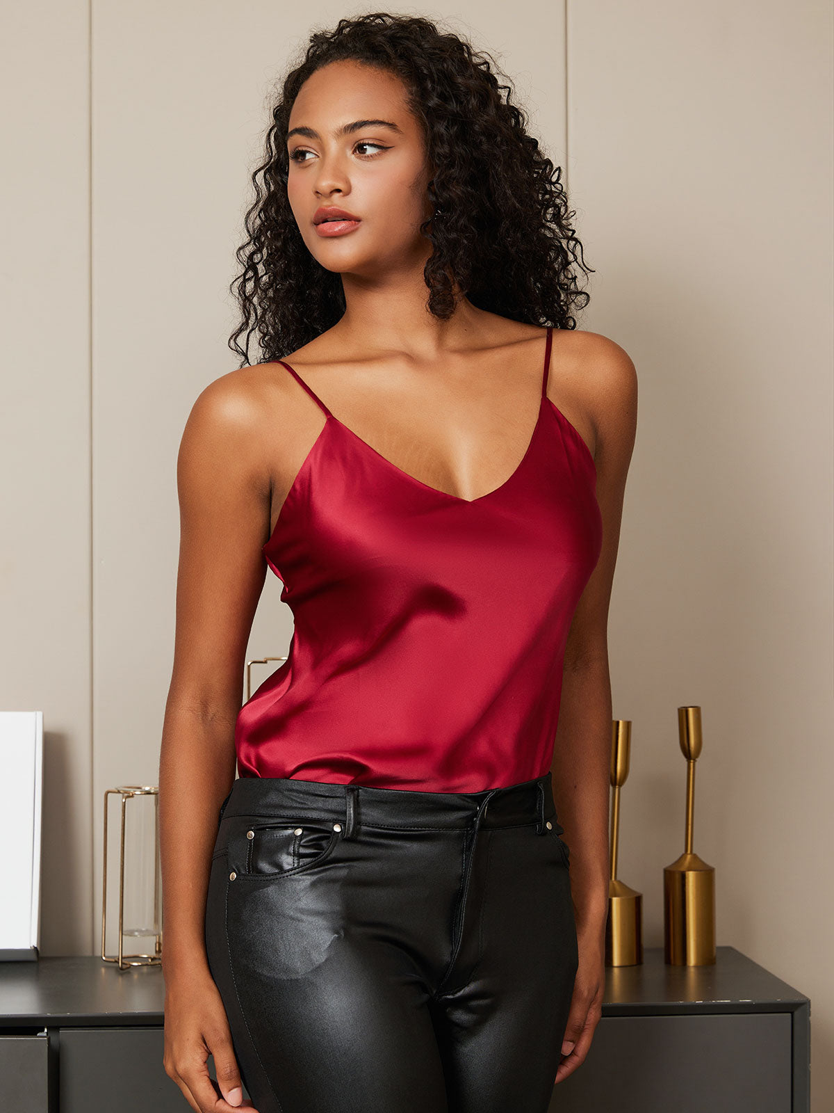 SilkSilky-UK Pure Silk Sleeveless V Neck Camisole DarkRed 002