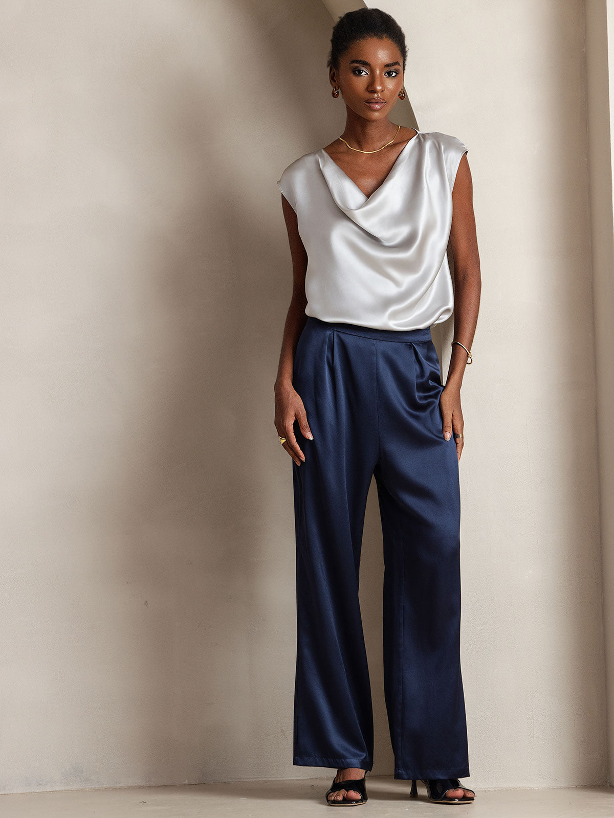 [Light Gray] SilkSilky-UK 19Momme Silk Cap Sleeve Cowl Neck Women's T-Shirt 005