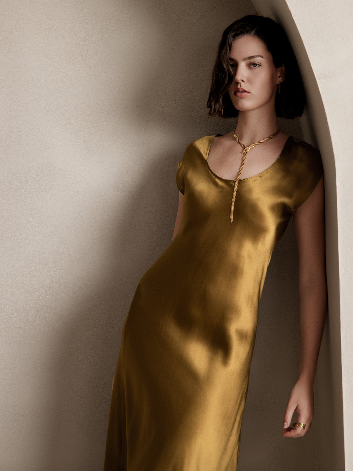 [Brown] SilkSilky-UK 19Momme Silk Round Neck Dress 004