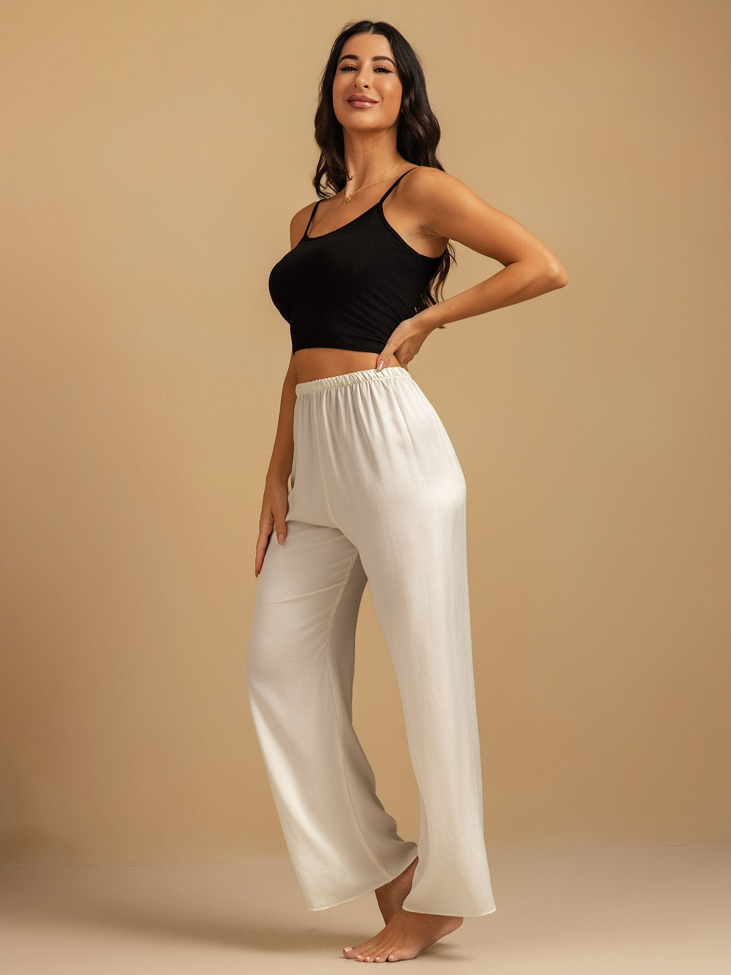 [White] SilkSilky-UK 19Momme Washable Silk Womens Sleep Bottoms 007,