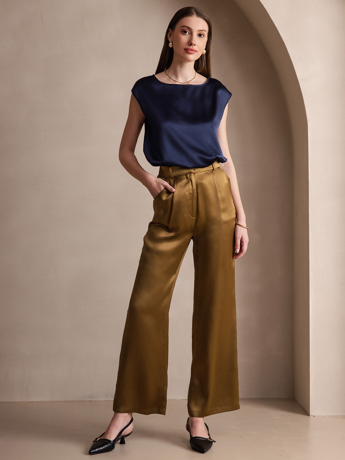 [Dark Blue] SilkSilky-UK 19Momme Silk Round Neck Women's T-Shirt 006