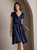 SilkSilky UK 19Momme Silk Short Sleeve V Neck Dress DarkBlue 001