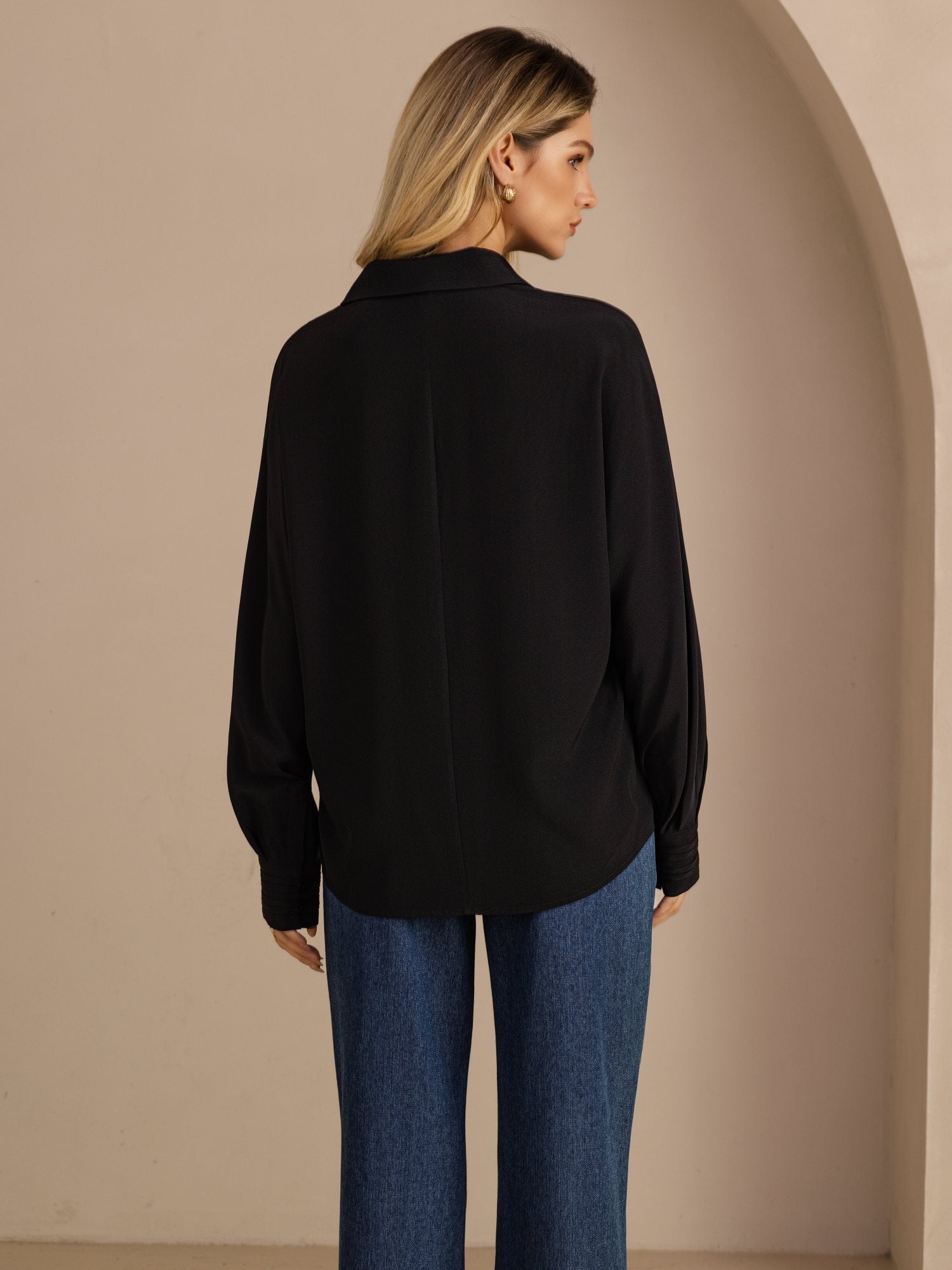 [Black] SilkSilky-UK Long Sleeve Lapel Collar Women's Shirt 002