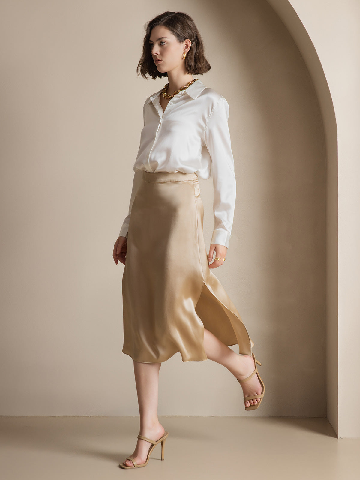 [White] SilkSilky-UK Silk Long Sleeve Collar Women's Shirt 009