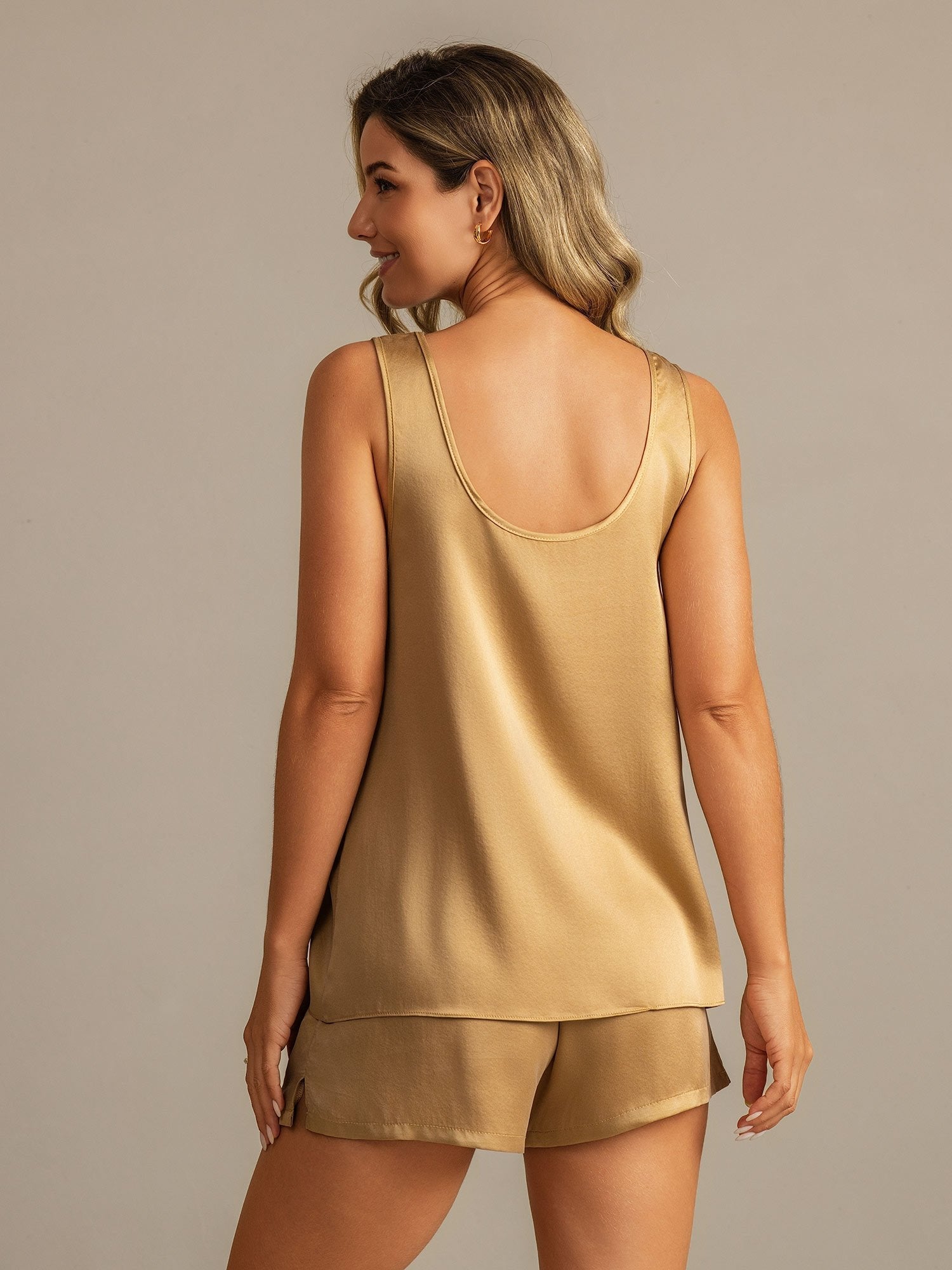 [Tan] SilkSilky-UK 19Momme Washable Silk U Neck Women's Pyjamas 002