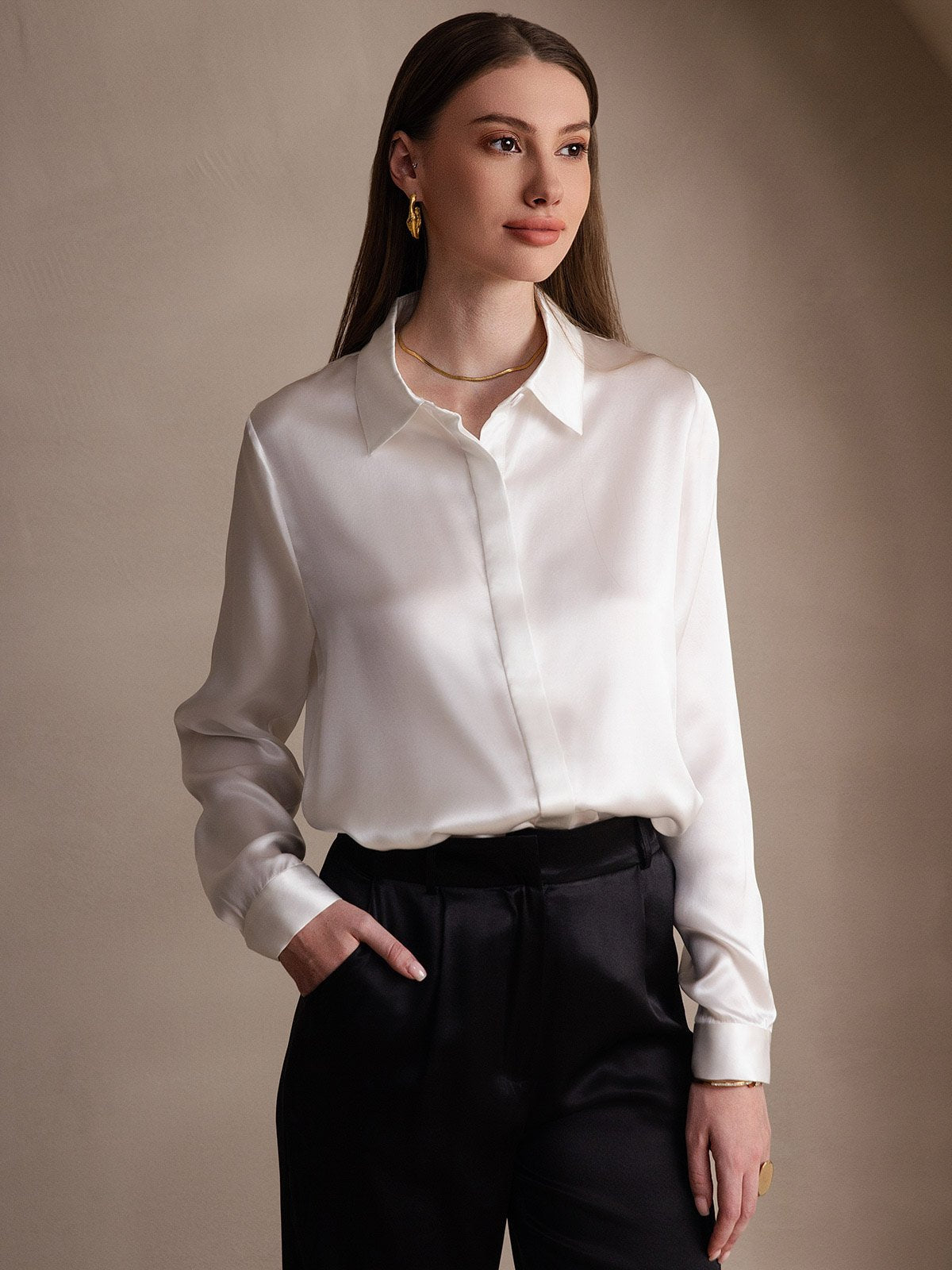 [White] SilkSilky-UK Long Sleeve Lapel Collar Women's Shirt 001