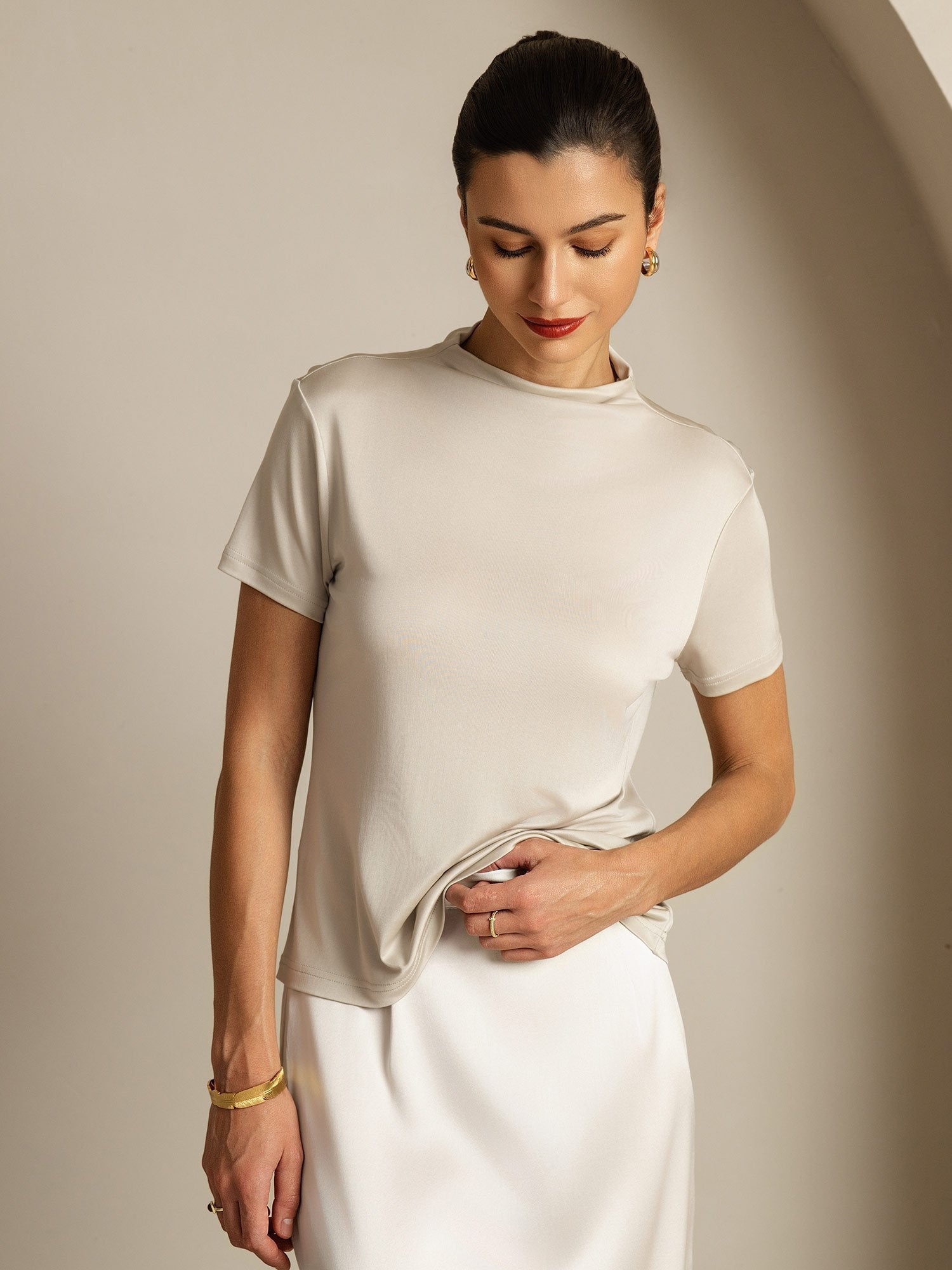 [Gray] SilkSilky-UK Pure Silk Collar Women's T-Shirt 005