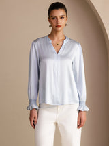 [Sky Blue] SilkSilky-UK Long Sleeve Split Women's Blouse 003