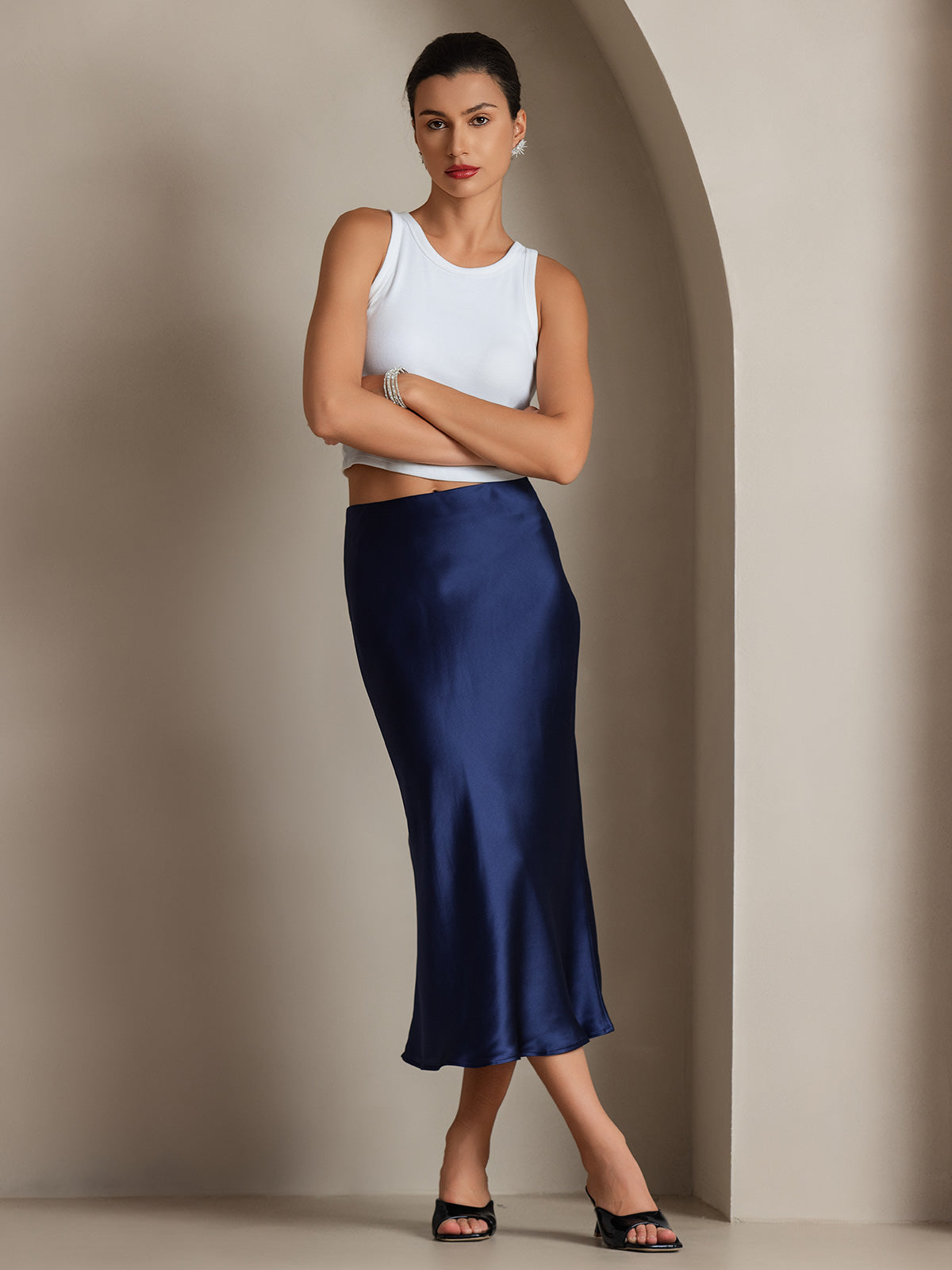 [Dark Blue] SilkSilky-UK 19Momme Pure Silk Skirt 001,