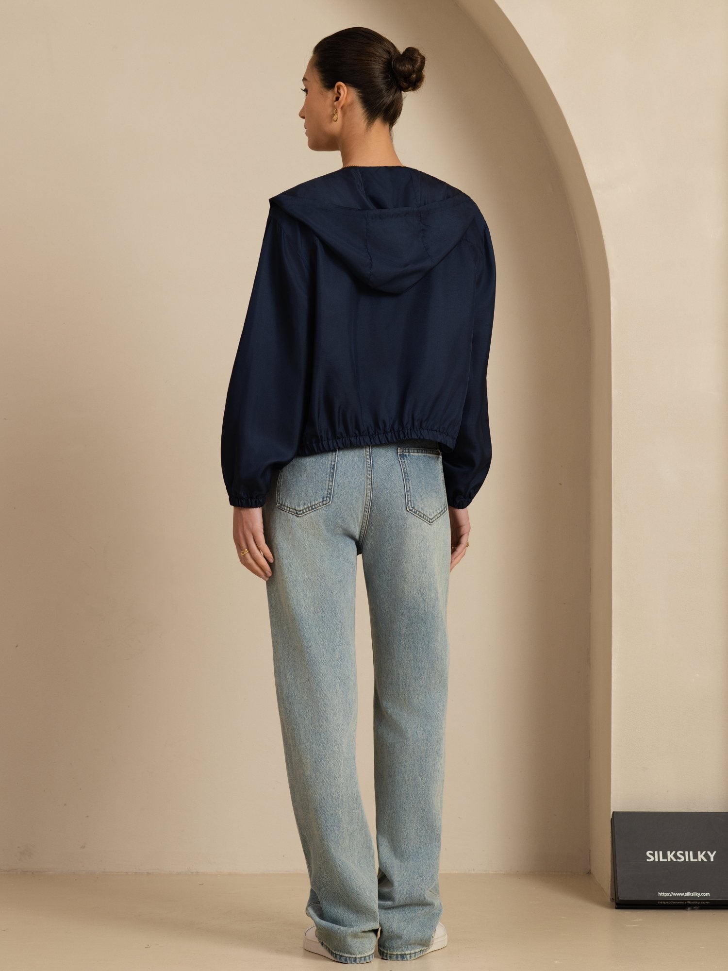 [DarkBlue] SilkSilky-UK 18Momme Silk Satin Surah Long Sleeve Stand Collar Women's Outerwear 002