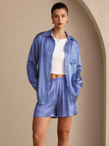 [Blue Pinstripe] SilkSilky-UK Long Sleeve Lapel Collar Women's Outfit Sets 001