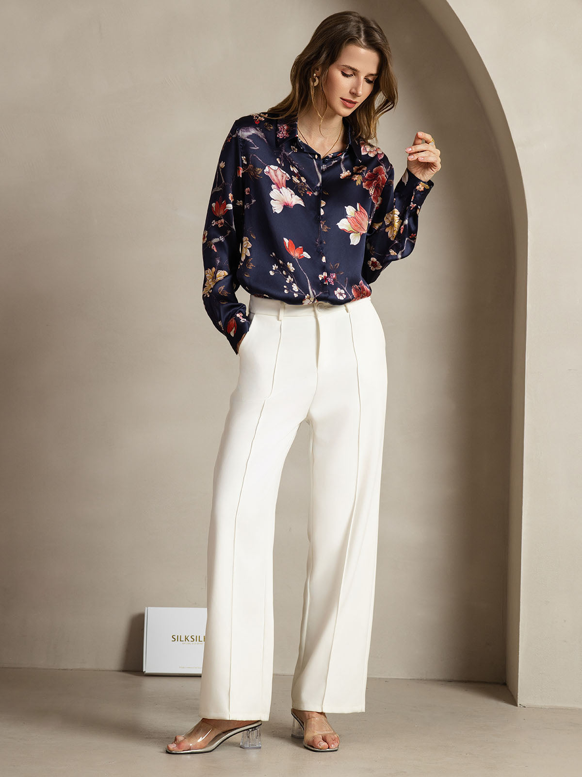 [Navy Floral] SilkSilky-UK Silk Collar Women's Shirt 006