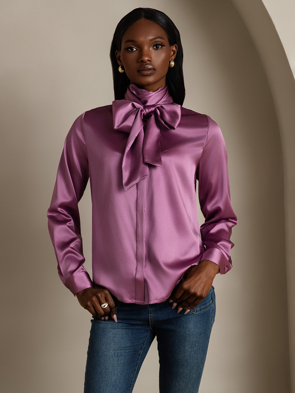 SilkSilky-UK 19Momme Silk Long Sleeve Tie Neck Women's Shirt DeepPurple 001