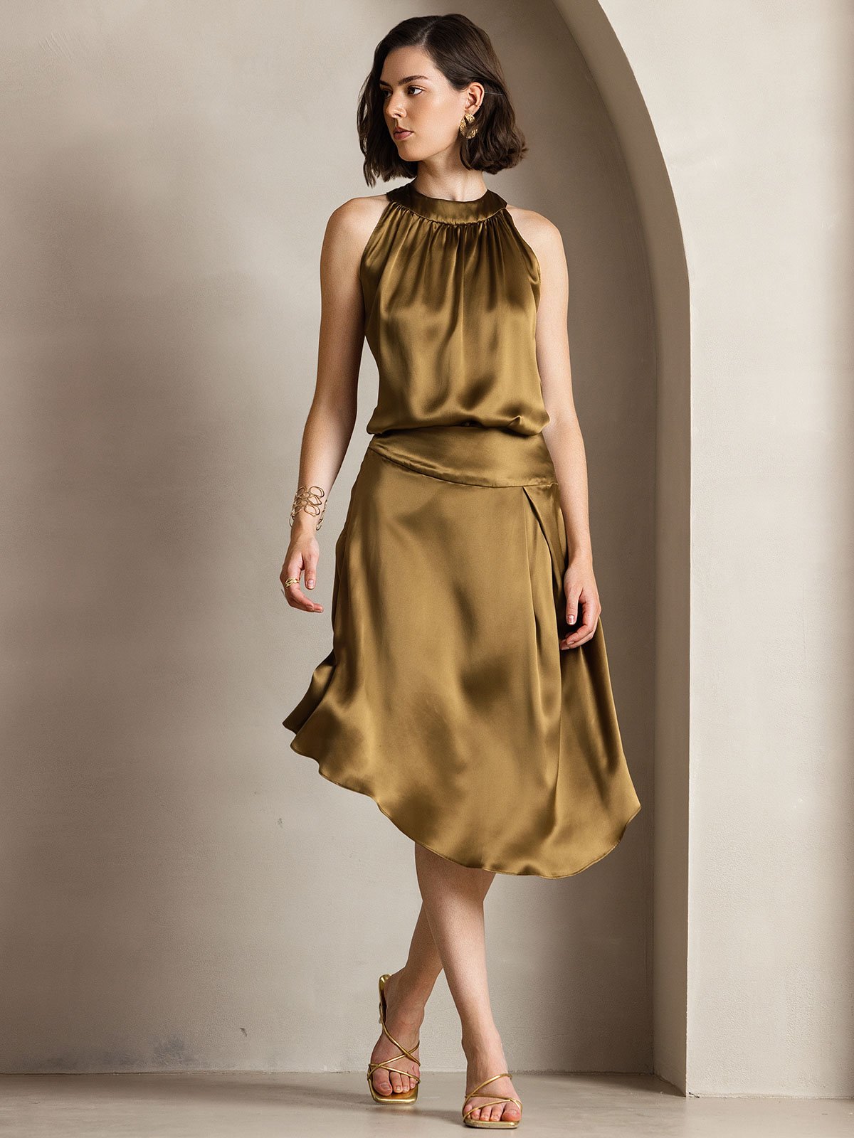 [Brown] SilkSilky-UK 19Momme Silk Sleeveless Halter Neck Women's T-Shirt 006