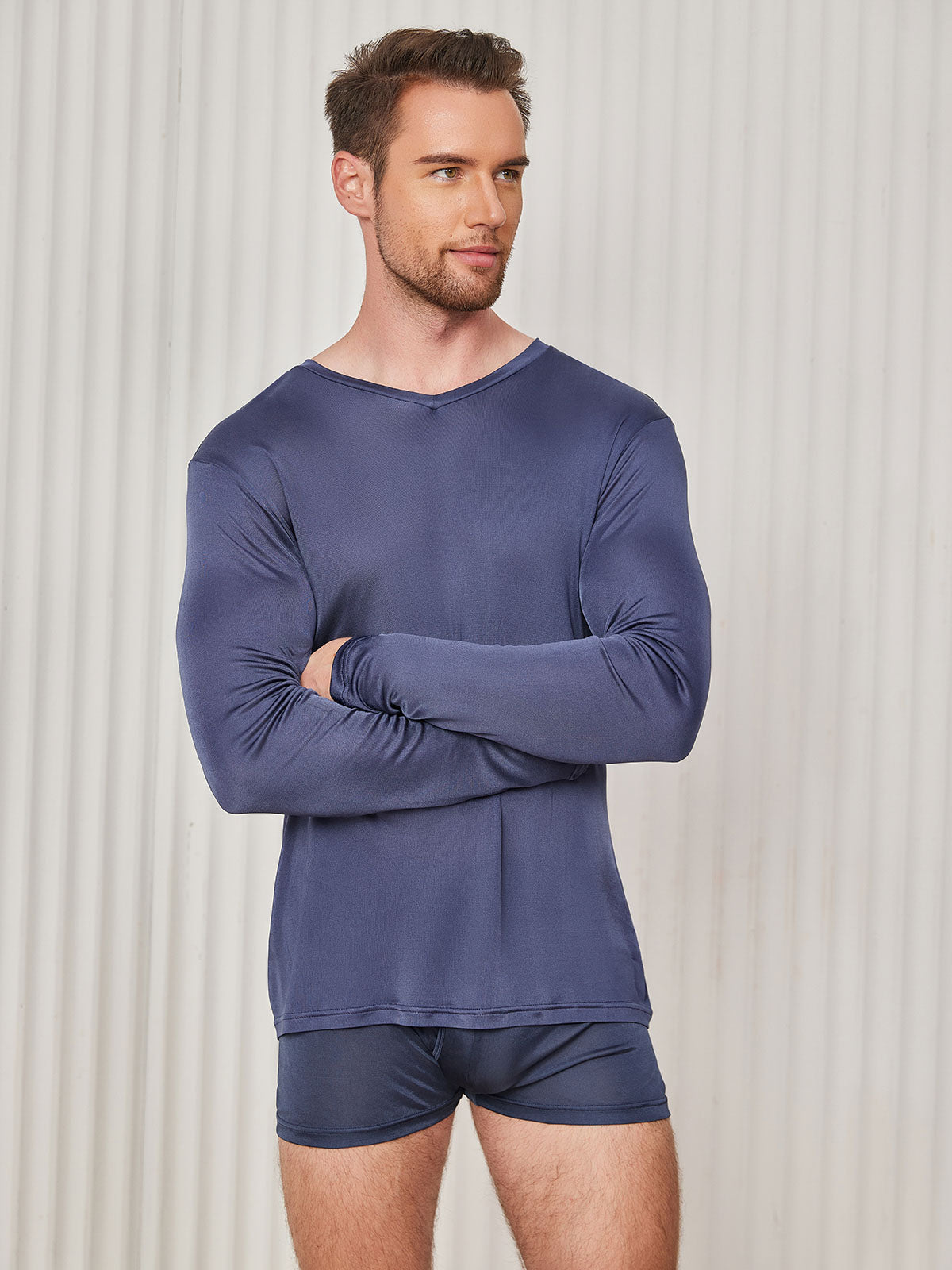 SilkSilky UK Silk Knitted Long Sleeve V Neck Men's T Shirt DarkBlue 001