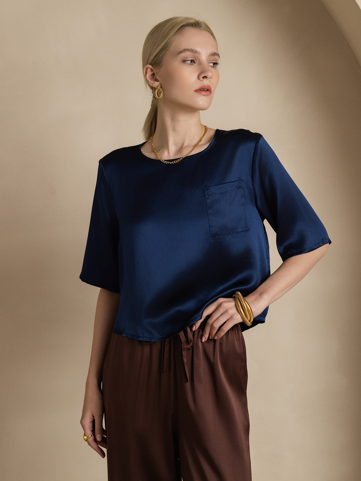 SilkSilky-UK Pure Silk Half Sleeve Boat Neck Women's T-Shirt DarkBlue 004