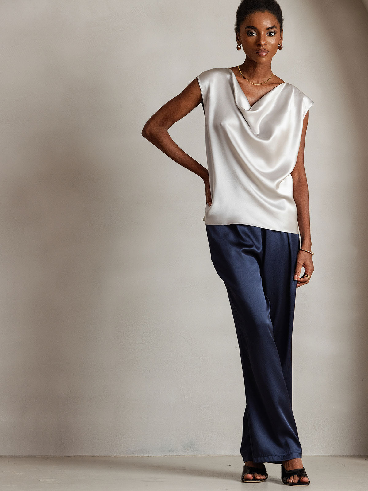 [Light Gray] SilkSilky-UK 19Momme Silk Cap Sleeve Cowl Neck Women's T-Shirt 003