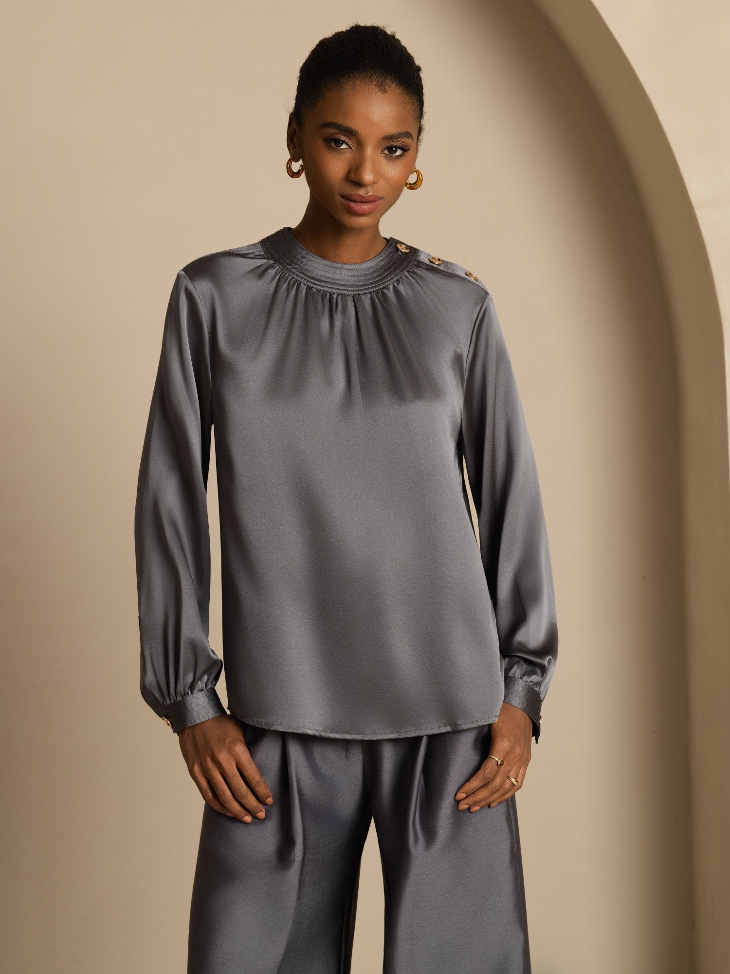 [DarkGray] SilkSilky-UK 19Momme Silk Long Sleeve Round Neck Blouse 001