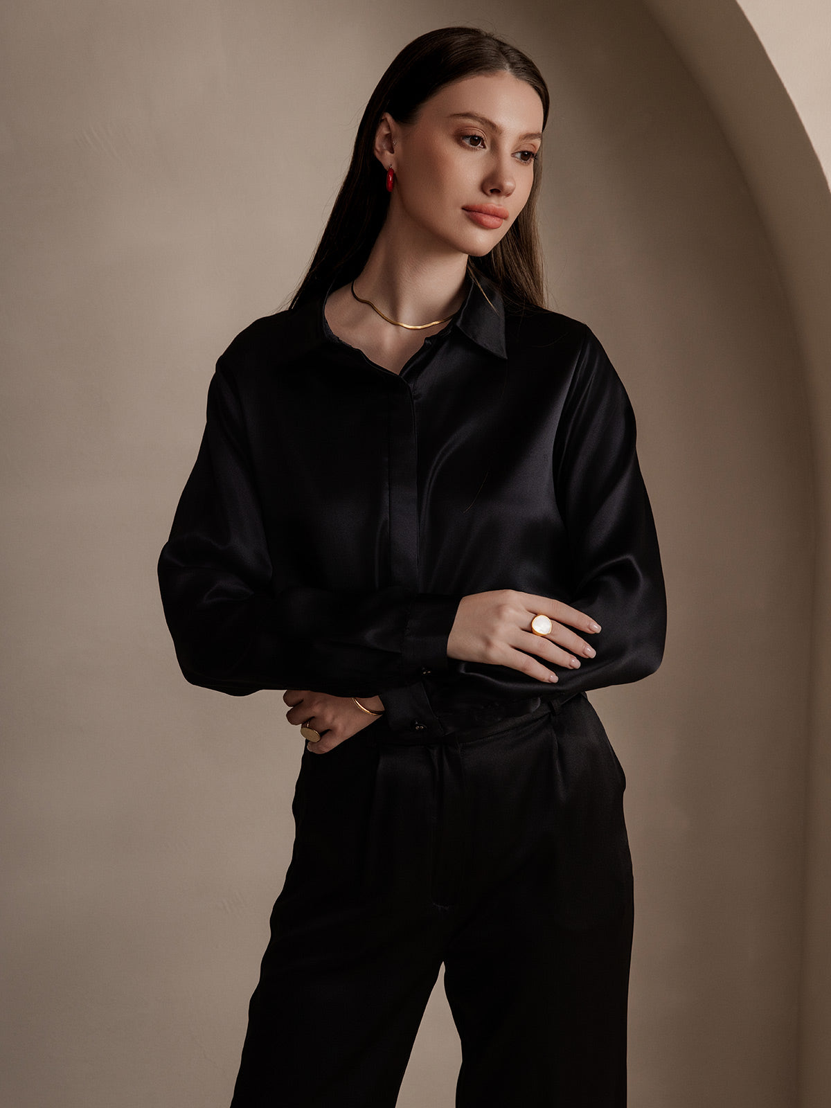 SilkSilky-UK 19Momme Silk Long Sleeve Collar Women's Shirt Black 003