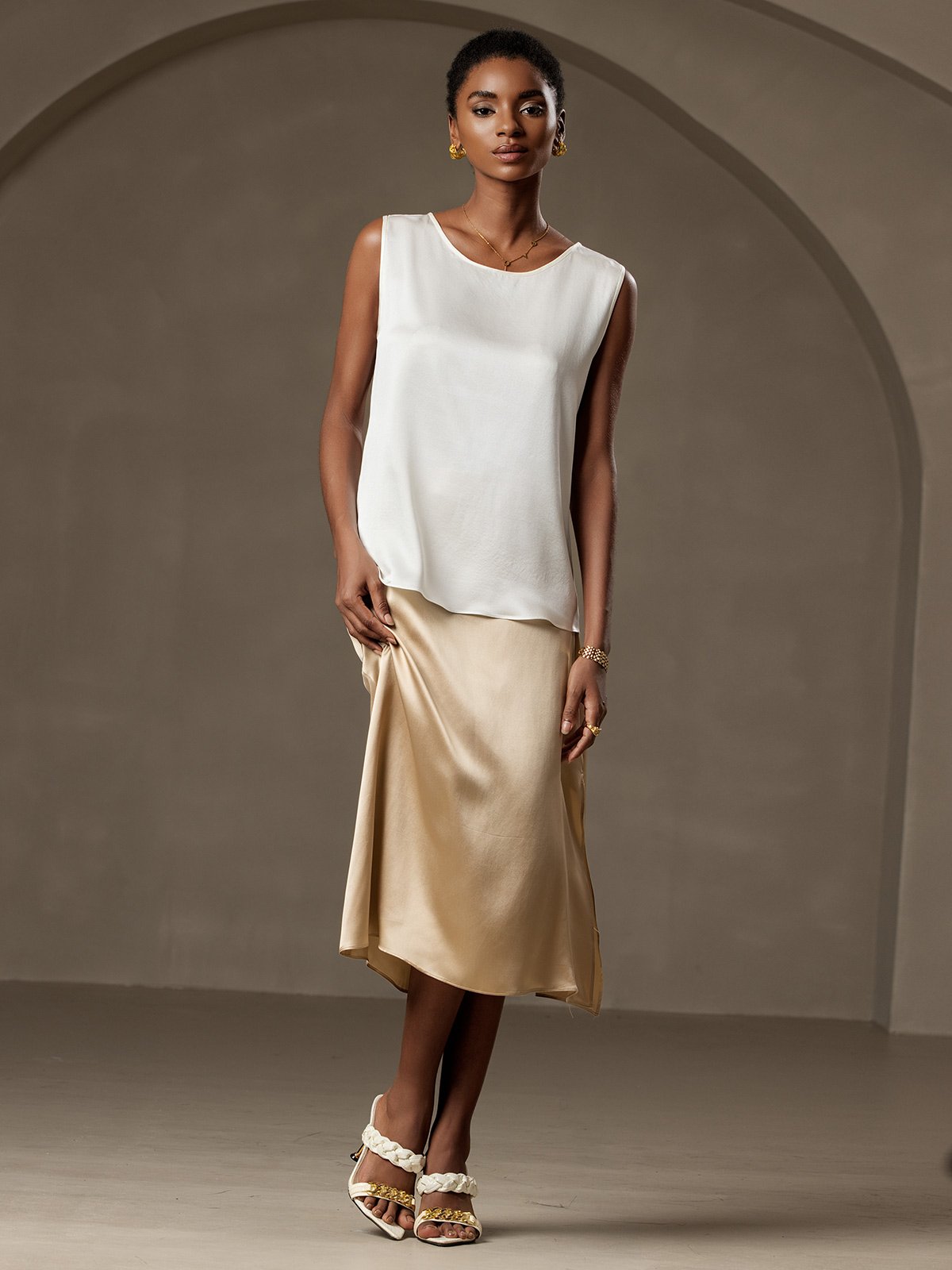 [White] SilkSilky-UK 19Momme Silk Round Neck Camisole 005