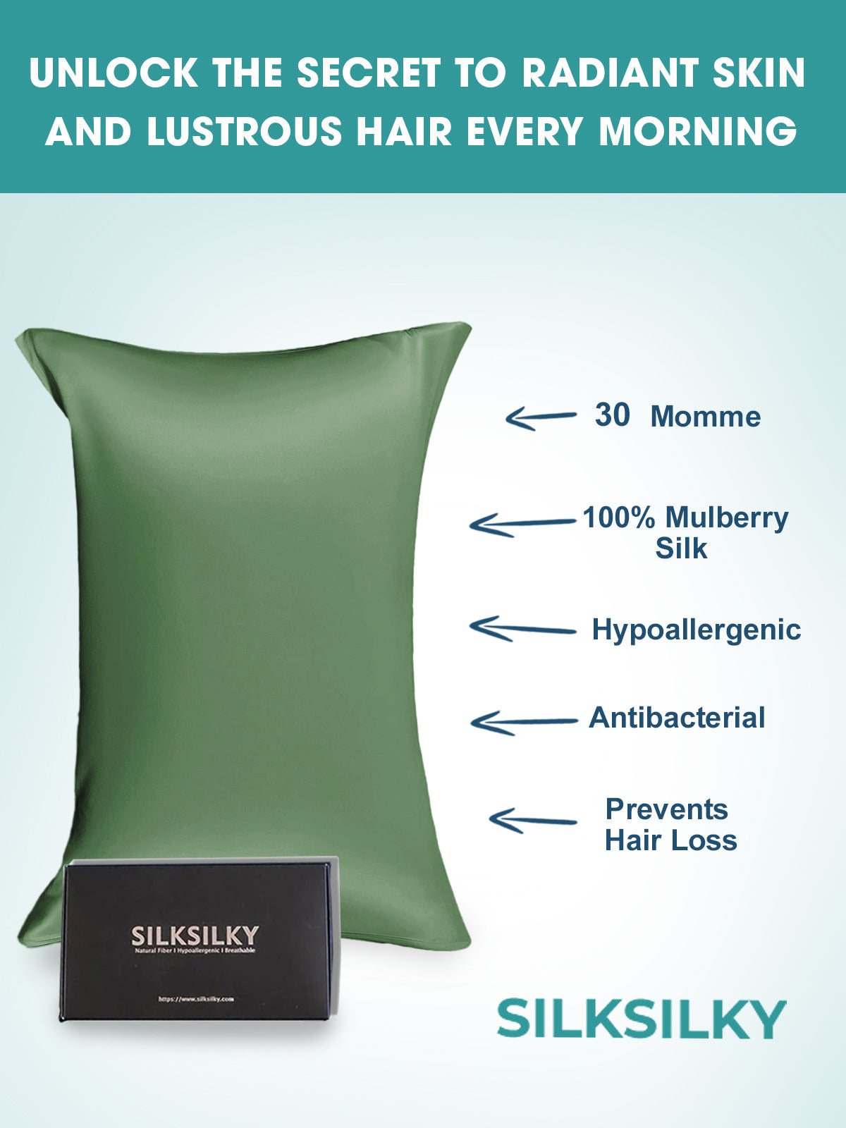 SilkSilky-UK 30Momme Pure Silk Pillowcase GrayishGreen 003