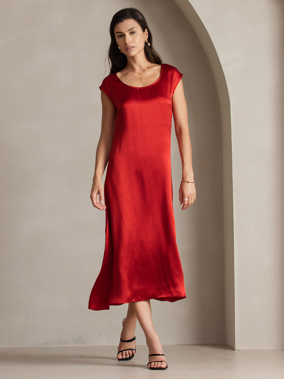 [Wine] SilkSilky-UK 19Momme Silk Round Neck Dress 004