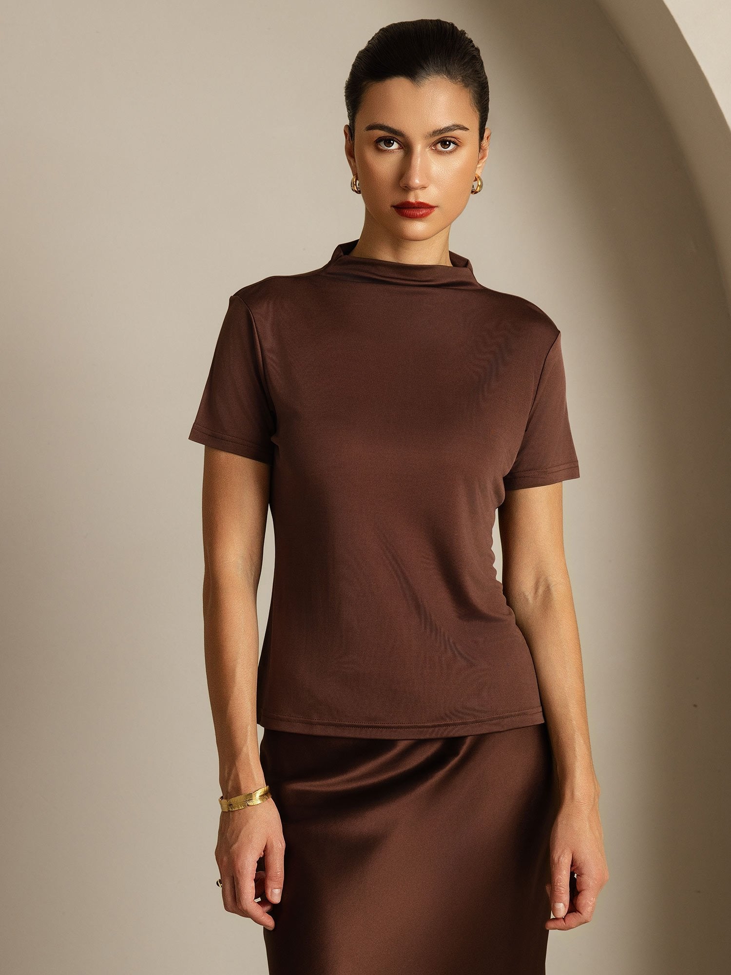 [Coffee] SilkSilky-UK Pure Silk Collar Women's T-Shirt 003