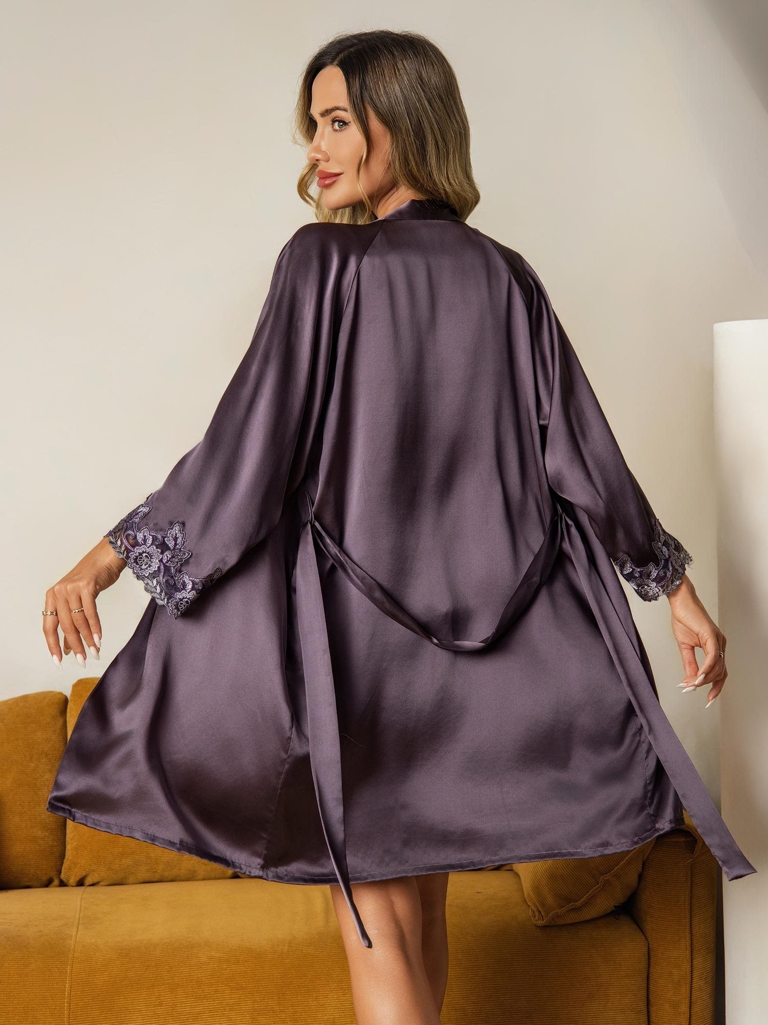 [Purple Gray] SilkSilky-UK Pure Silk 3/4 Sleeve V Neck Women's Pyjamas 003
