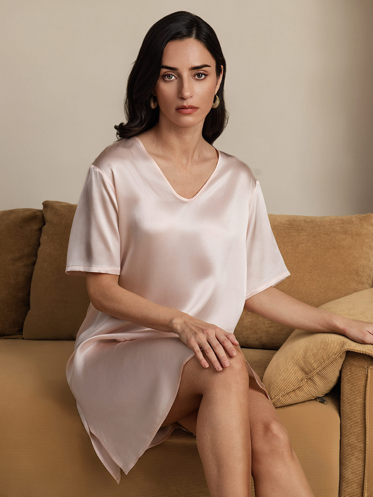 [LightPink] SilkSilky-UK Pure Silk Short Sleeve V Neck Nightdress 006