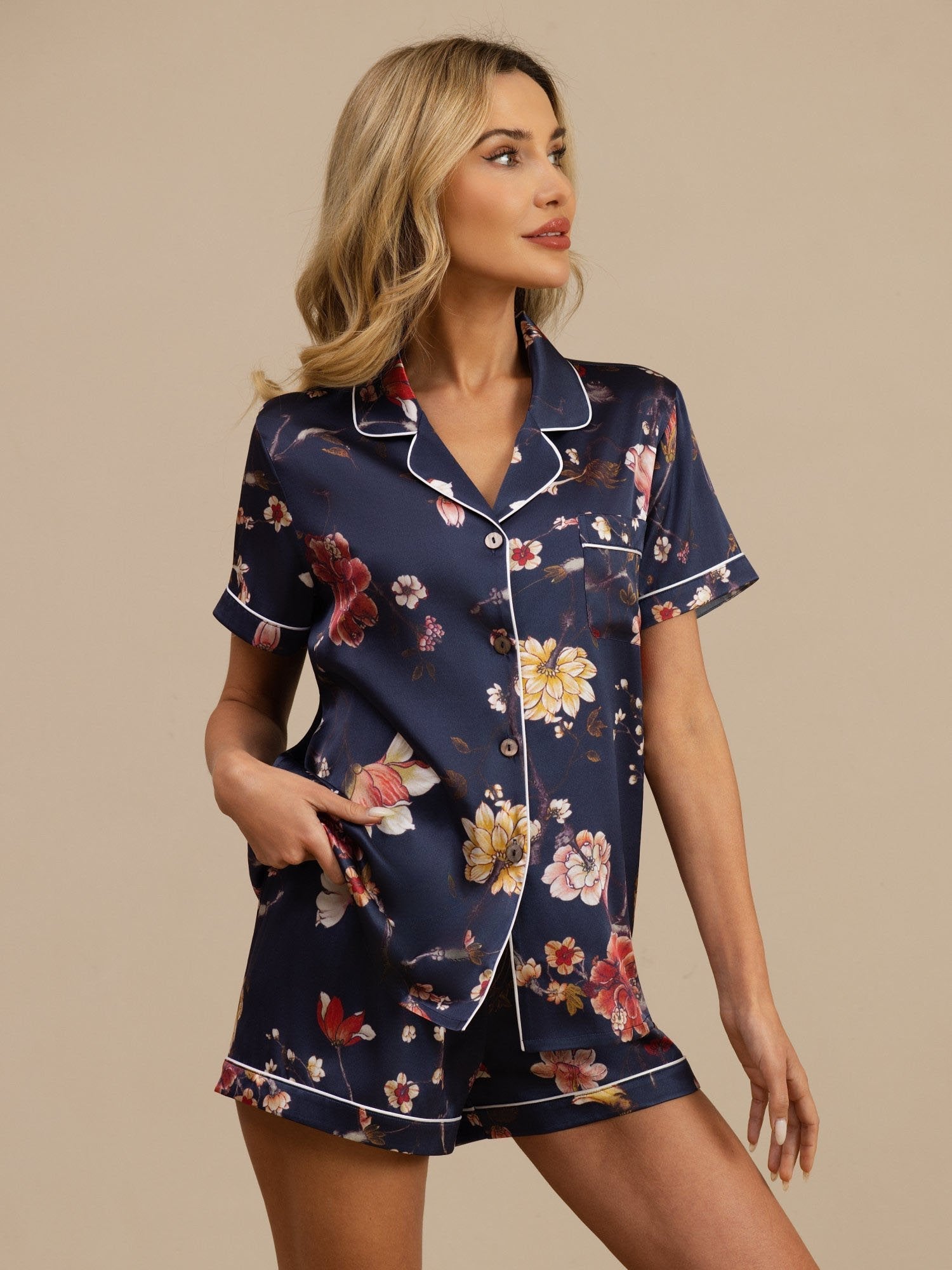 [Navy Floral] SilkSilky-UK Short Sleeve Notch Collar Women's Pyjamas 001