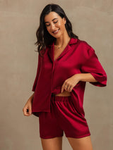 [Wine] SilkSilky-UK 19Momme Machine-Washable Silk Half Sleeve Notch Collar Women's Pyjamas 007